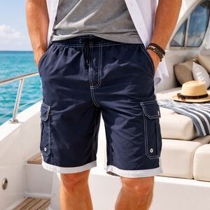 Joe Boxer Navy Blue Swim Trunks M Cargo Pocket Board Shorts Mesh Lined Beach Cru